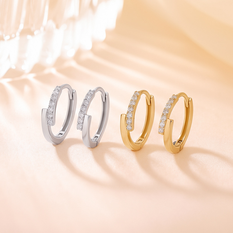 Khuyên tai hoop bạc S925 mạ vàng hình tròn phong cách tối giản — Kiểu hai bạc