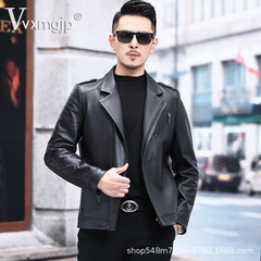 新商品の海寧本革の皮服男性の頭の階の牛革の機関車の服の革のジャケットの男性式の短いスーツの襟の青年のコート