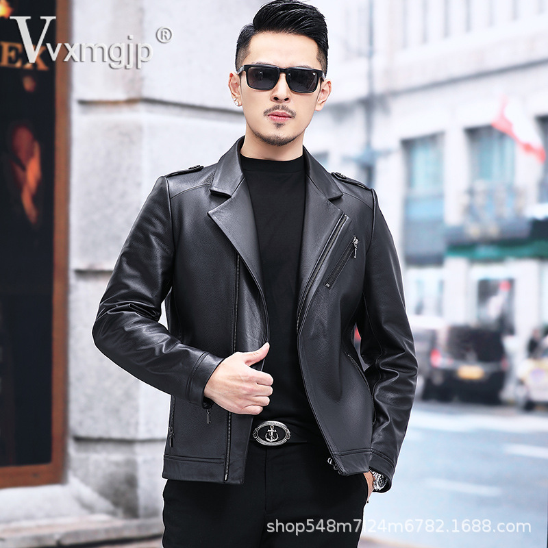 New Haining Genuine Leather Men's Top Layer Cowhide Bike Clothing Leather Jacket Men's Short Suit Collar Youth Jacket