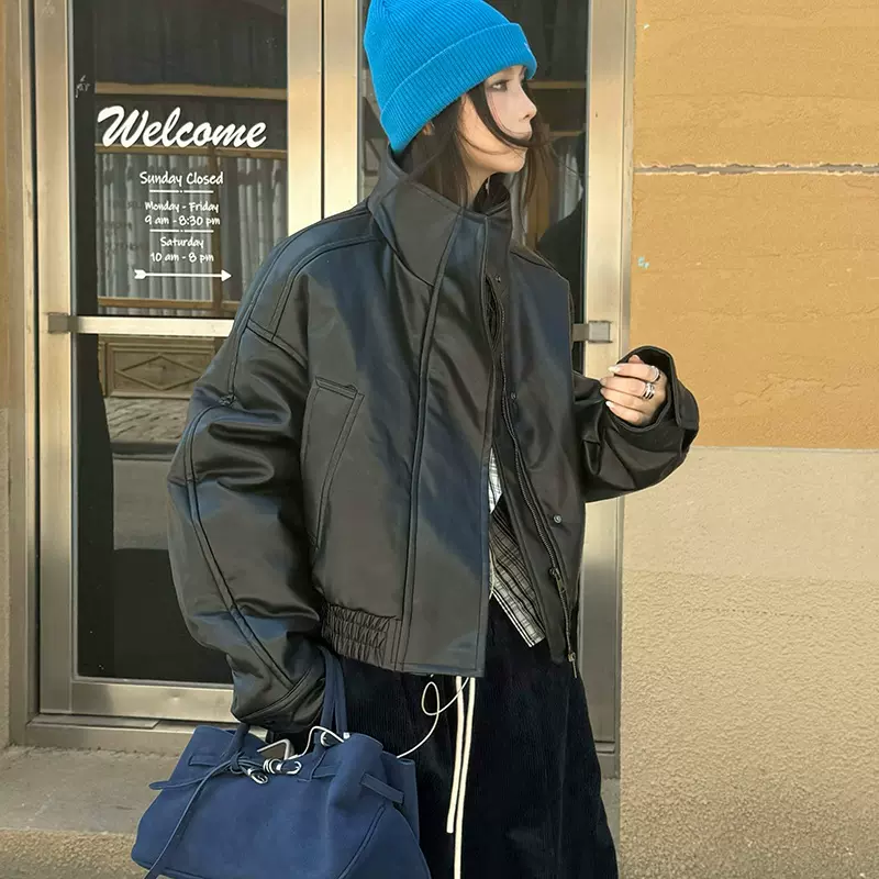 MMFISH时髦街头复古机车皮衣长袖外套立领拉链拼接短夹克25Y520