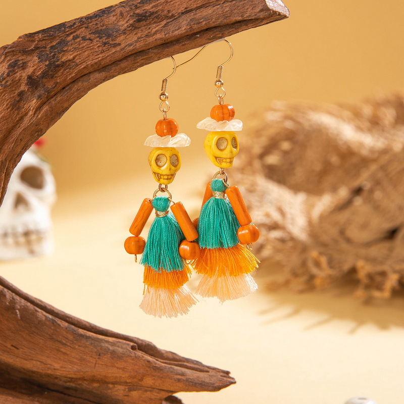 27g Weight Alloy Ear Needle Material Drop Earrings Classification 1 Pair Quantity Holiday, Daily Occasion Alloy, Resin Material Halloween Festival Tassel, Skull Pattern Women's Gender Plating Design Elegant, Streetwear Style 1 Pair Halloween Elegant Streetwear Tassel Skull Plating Alloy Resin Drop Earrings 18