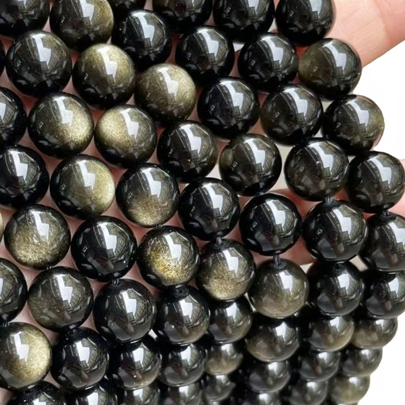 ゴールデン黒曜石ルースビーズロングチェーン天然翡翠ラウンドビーズ DIY 半完成手作りジュエリーアクセサリーブレスレットルースビーズ|undefined
