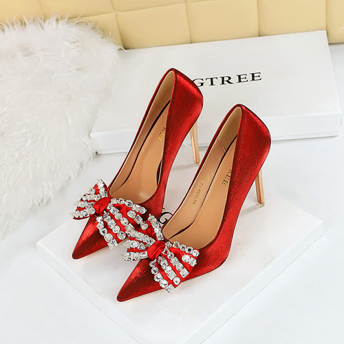 1829-H1 Banquet High Heels European and American Style Stiletto Heels Super High Heels Shallow Mouth Pointed Toe Satin Rhinestone Bow Shoes