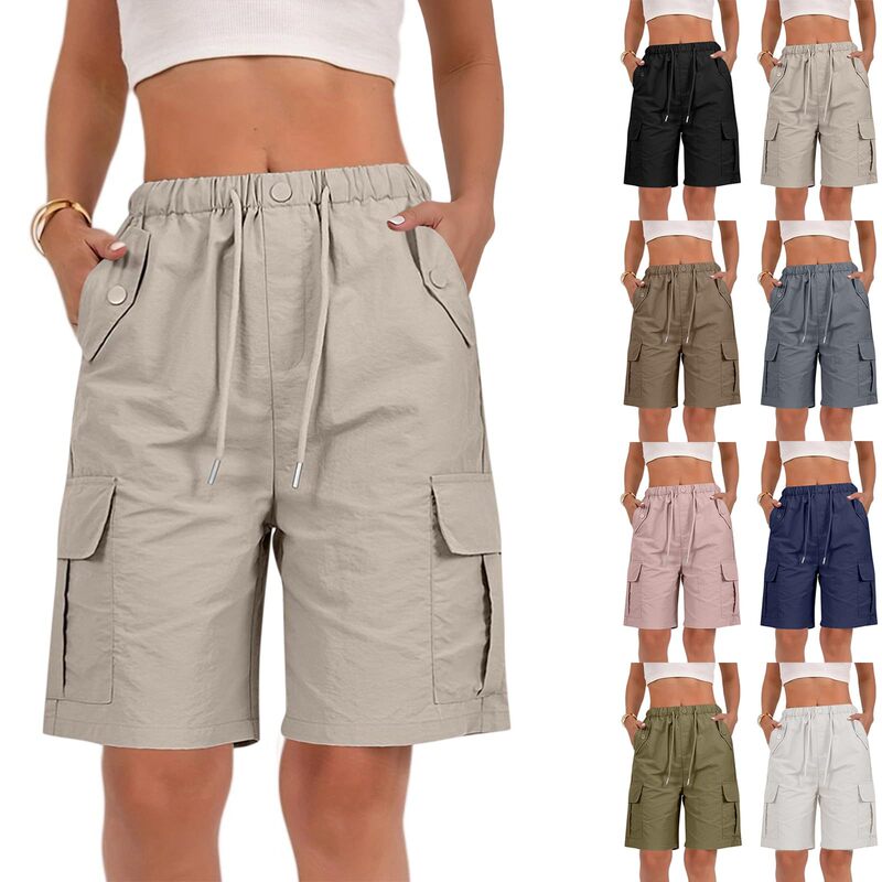 Women's Cargo Shorts Summer Quick-Dry Multi-Pocket Outdoor Drawstring Knee-Length Hiking Shorts Waterproof