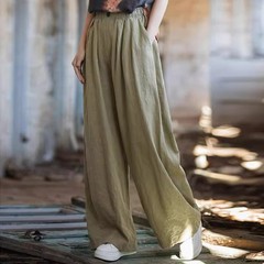 綿麻のストレートのズボンの女性の2025夏の新型の日系の文芸の大きいサイズの婦人服のゆったりしている百合の広い足のズボンの女性