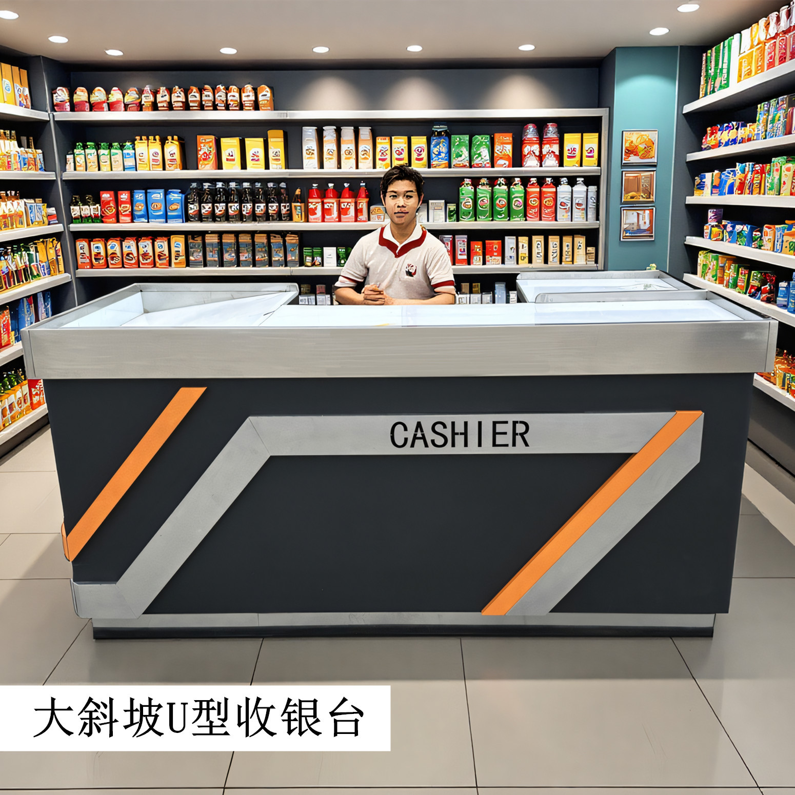 超市新款收银台不锈钢包边台面水果生鲜豪华转角金属便利店收款桌