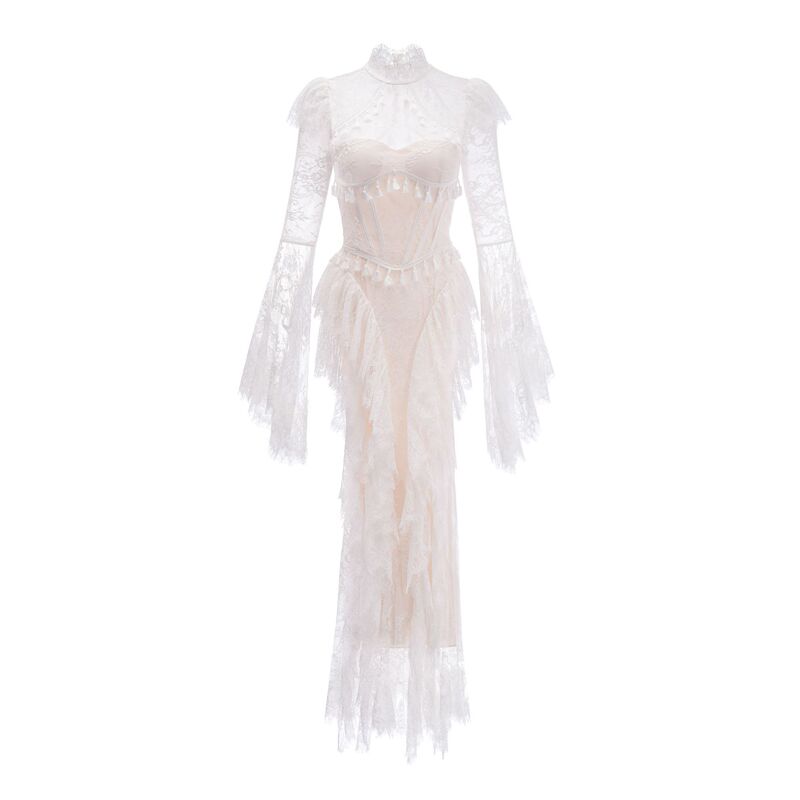 Cross-Border Style Light Wedding Dress with Fishbone Shaping, Waist-Cinching, Backless Lace, Flared Long Sleeves, Bridesmaid Gown Cross-Border Style Light Wedding Dress with Fishbone Shaping, Waist-Cinching, Backless Lace, Flared Long Sleeves, Bridesmaid Gown