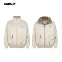 UNBDNS原创设计可拆卸羊羔毛翻领棉衣女潮牌冬季复古杏色工装外套