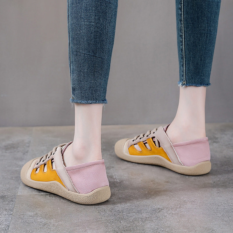 Giày sneaker nữ da bò retro đế bằng phong cách thể thao — màu hồng
