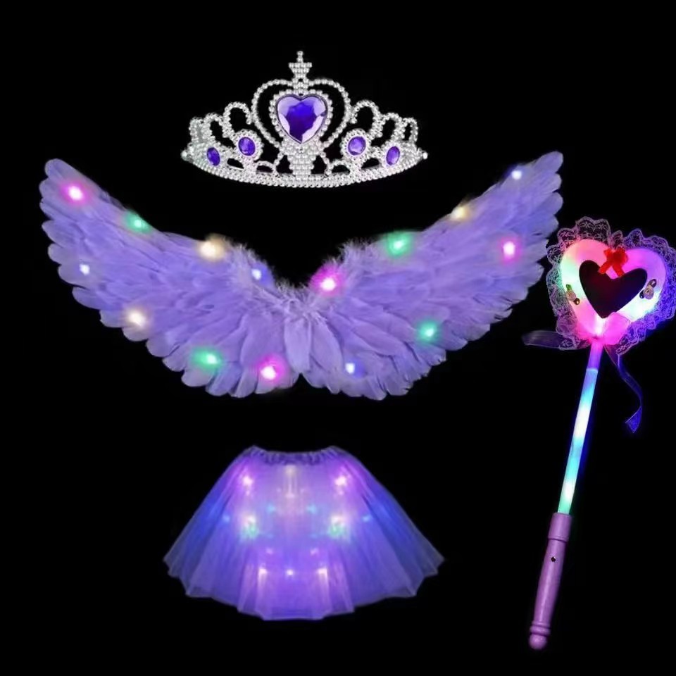 Alas de plumas luminosas moradas + falda de luz + Corona de luz + palo de encaje
