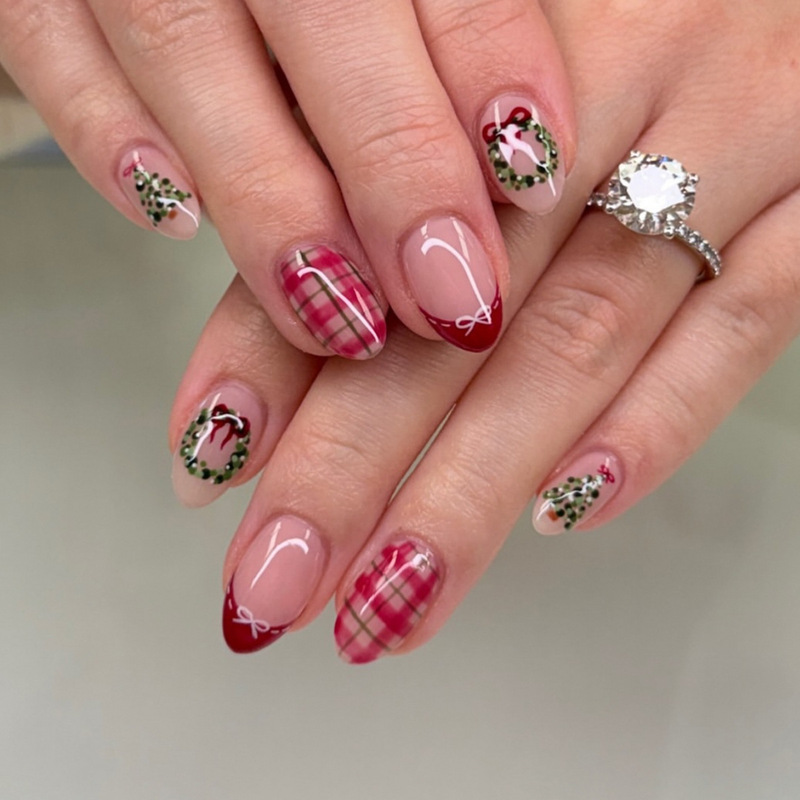 Christmas plaid press-on nails, burgundy French bow, Christmas tree wreath, hand-painted nail pieces, holiday fake nails wholesale Christmas plaid press-on nails, burgundy French bow, Christmas tree wreath, hand-painted nail pieces, holiday fake nails wholesale