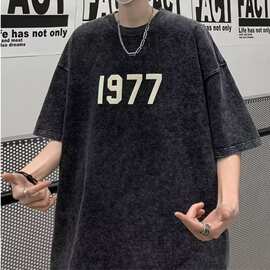 潮牌美式复古t恤水洗做旧短袖男宽松大码夏季1977高街vibe体恤衫