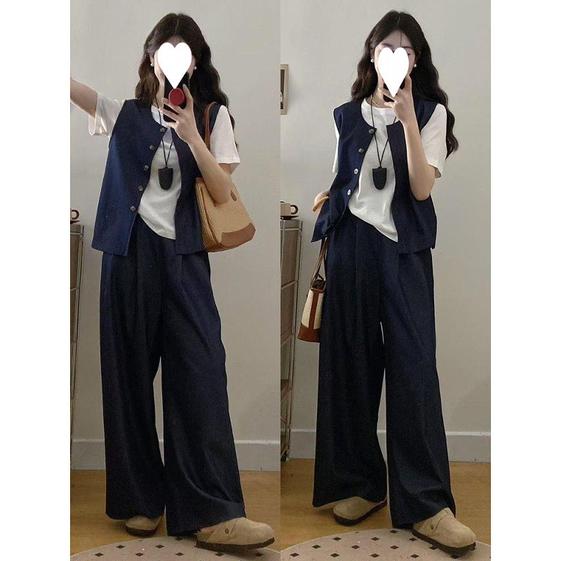Plus-Size Fashion Three-Piece Set for Summer: New Versatile Short-Sleeve Top, Denim Vest, and Casual Wide-Leg Pants Plus-Size Fashion Three-Piece Set for Summer: New Versatile Short-Sleeve Top, Denim Vest, and Casual Wide-Leg Pants
