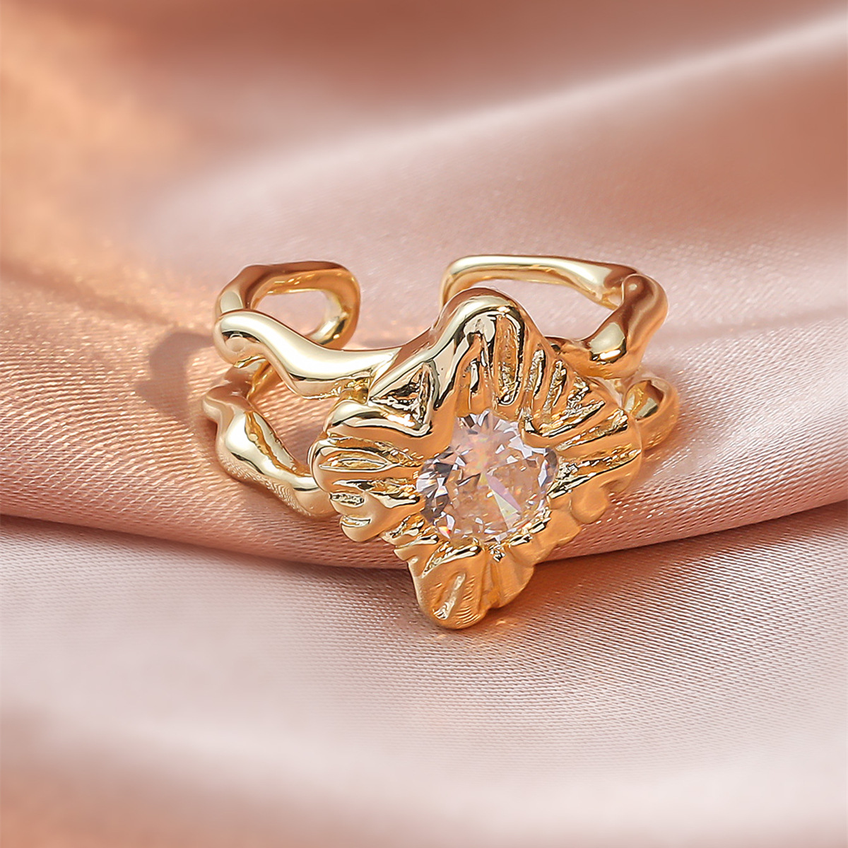 Brass one size fashionable ring with stone with zircon hip-hop style
