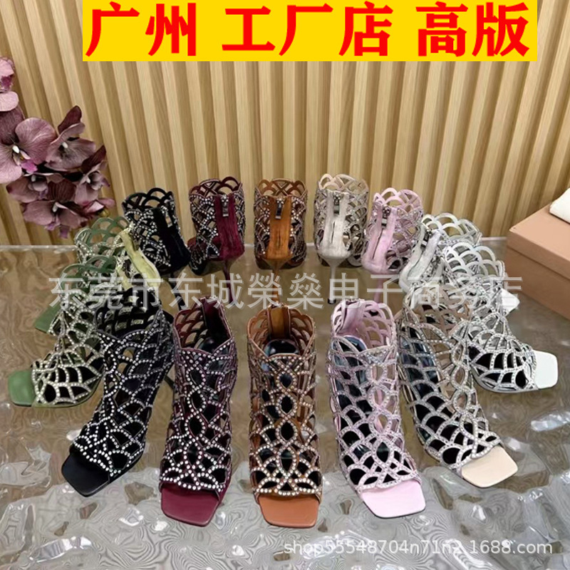 Spring and Summer European and American Foreign Trade Sexy Stiletto High-Heeled Roman Sandals Cut Out Rhinestone Fish Scale Square Toe Fish Mouth Women's Sandals
