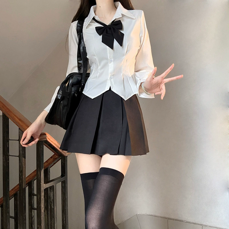 jk收腰衬衫白色弹力显瘦衬衫灰色纯欲辣妹风jk制服百褶裙套装女夏
