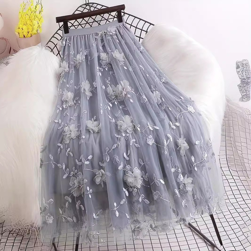 Large European and American Size Stereo Embroider Heavy Industry Flower Mesh Skirt Fresh, Sweet and Slimming Look Mid-Length Style Large European and American Size Stereo Embroider Heavy Industry Flower Mesh Skirt Fresh, Sweet and Slimming Look Mid-Length Style