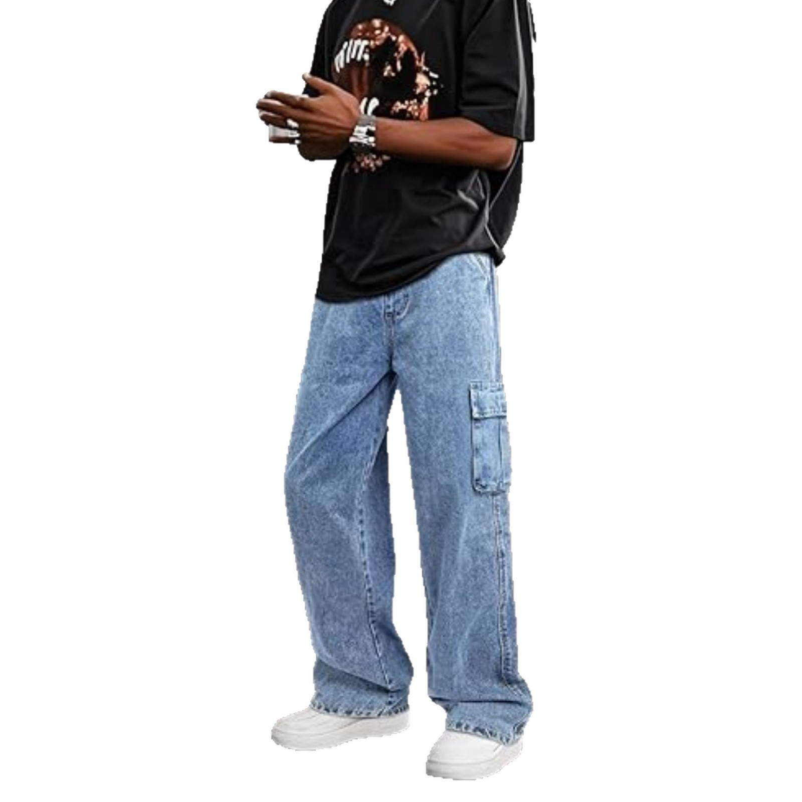 High Street Style Men's Cargo Jeans Multi Pocket Loose Fit Wide Leg Floor Length Drawstring Pants_mkmklike.com