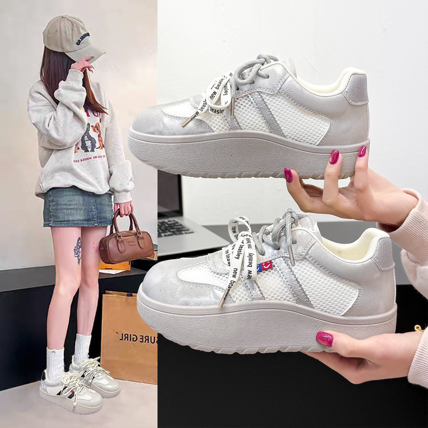 Zapatos deportivos plateados de primavera de mujer nuevos zapatos casuales de malla transpirables con suela gruesa de letras variadas zapatos de cordón de skate zapatos de mujer lotes