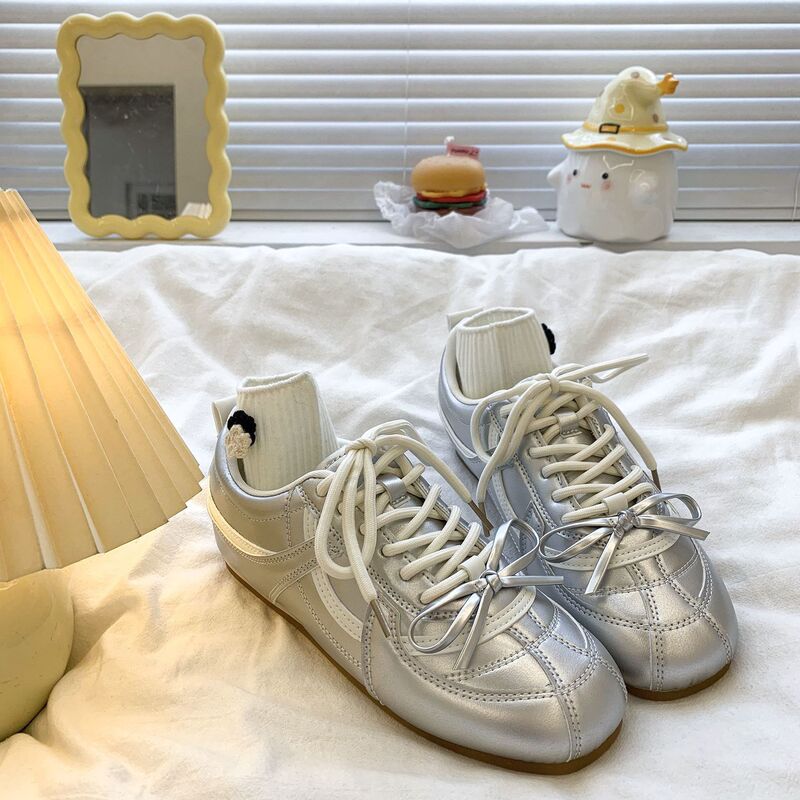 Silver-Colored German Training Shoes 2026 Summer New Fashion Casual Women's Lightweight Ballet Shoes White Sneakers Forrest Gump Shoes Silver-Colored German Training Shoes 2026 Summer New Fashion Casual Women's Lightweight Ballet Shoes White Sneakers Forrest Gump Shoes
