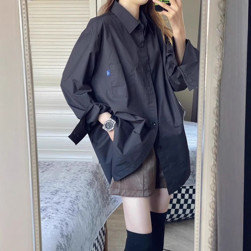 Black Retro Pure Cotton Shirt for Women, Spring and Summer Design, Cool and Stylish Mid-Length Shirt, Long-Sleeved Top, Trendy Jacket Black Retro Pure Cotton Shirt for Women, Spring and Summer Design, Cool and Stylish Mid-Length Shirt, Long-Sleeved Top, Trendy Jacket