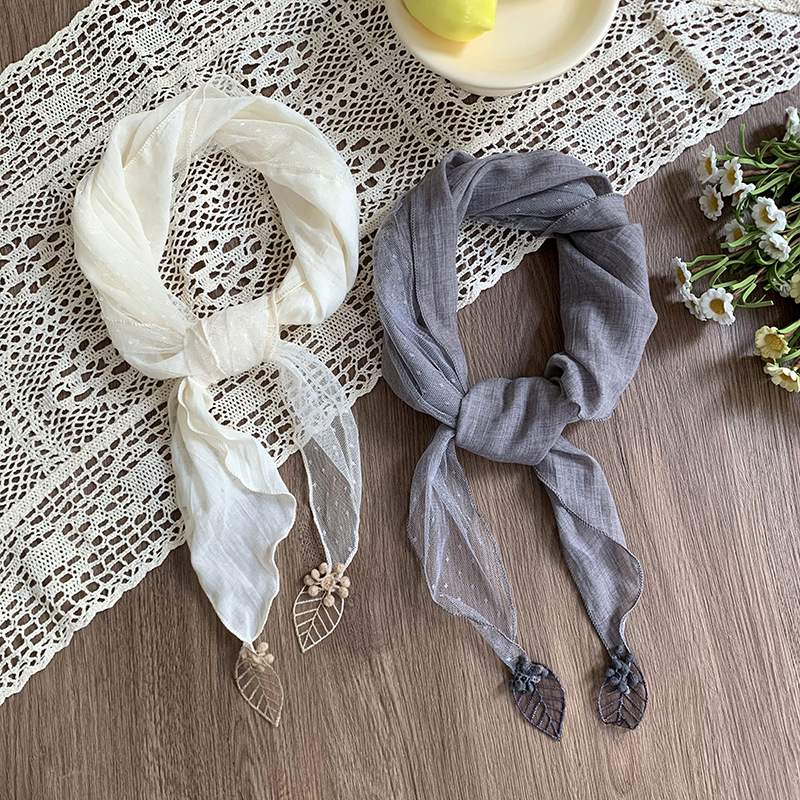 Pañuelo de seda de encaje, estilo literario de alta gama, colgante de hoja fina, bufanda pequeña, pañuelo en la cabeza, diadema pastoral femenina de verano, accesorios para el cabello