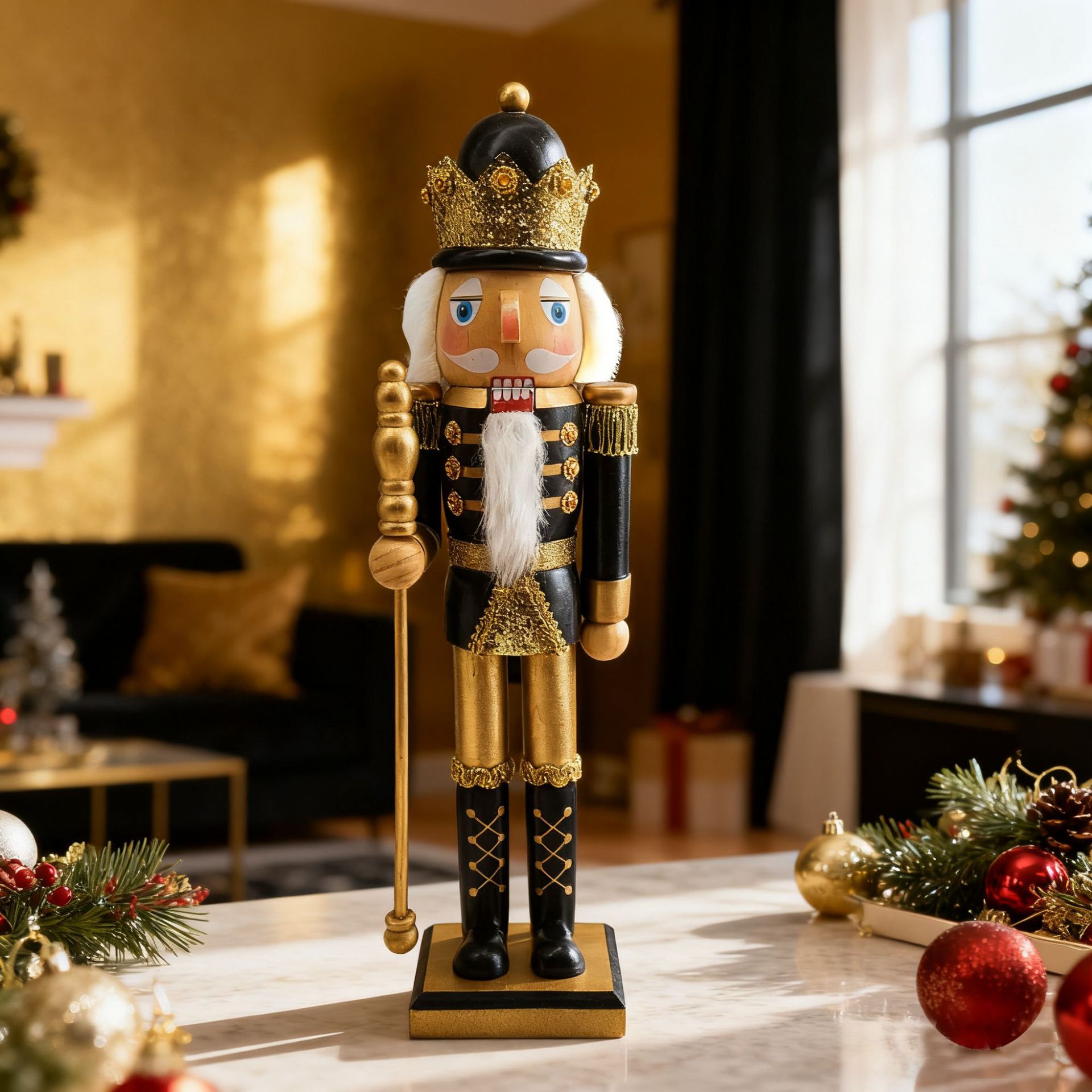 Nueva Boutique decoración de la estatua del cascanueces de madera de navidad, oro negro y polvo flash, adornos de soldados del Rey