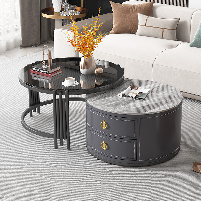 Mesa de centro moderna de lujo ligero de celebridades de Internet, balcón de la sala de estar nórdica, mesa de té de vidrio redonda, mesa de centro de pizarra de tamaño pequeño para el hogar