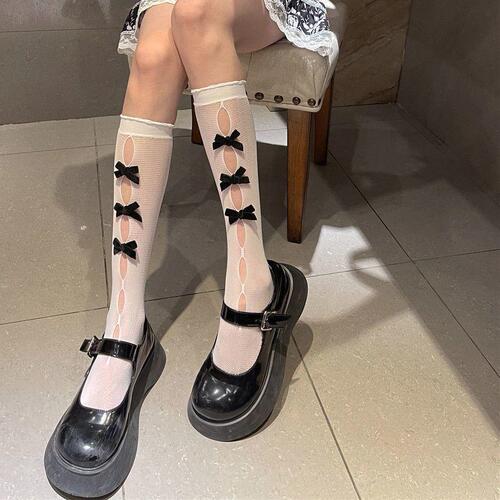 Pure lust style bow short, medium and long tube hollow calf outer wear lace socks for women spring and summer thin ins trend
