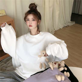 棉质 2021秋季韩版新款宽松原宿风设计感可爱小熊长袖薄款卫衣女