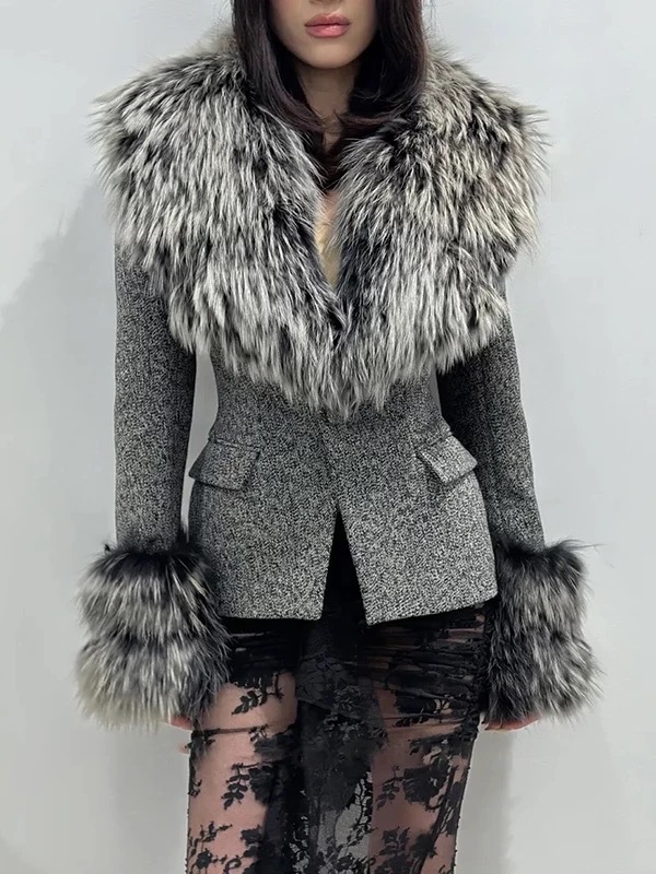 Chaqueta de Traje con Cuello de Piel de Poliéster, Manga Larga