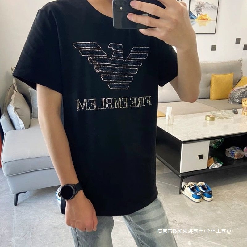 美式烫钻短袖T恤男士重磅潮流夏季精神小伙上衣体恤休闲半袖衣服