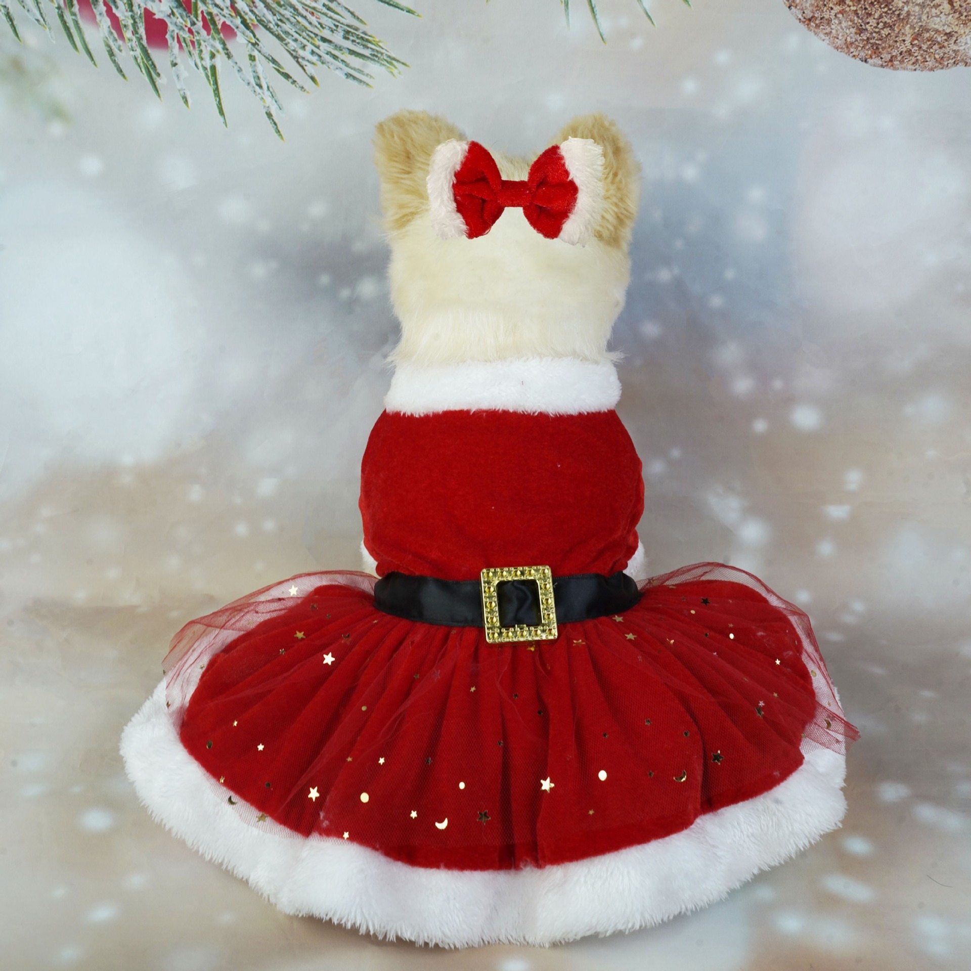 Ropa para mascotas Navidad tela de terciopelo dorado Santa Claus vestido rojo falda malla con anillo pelo