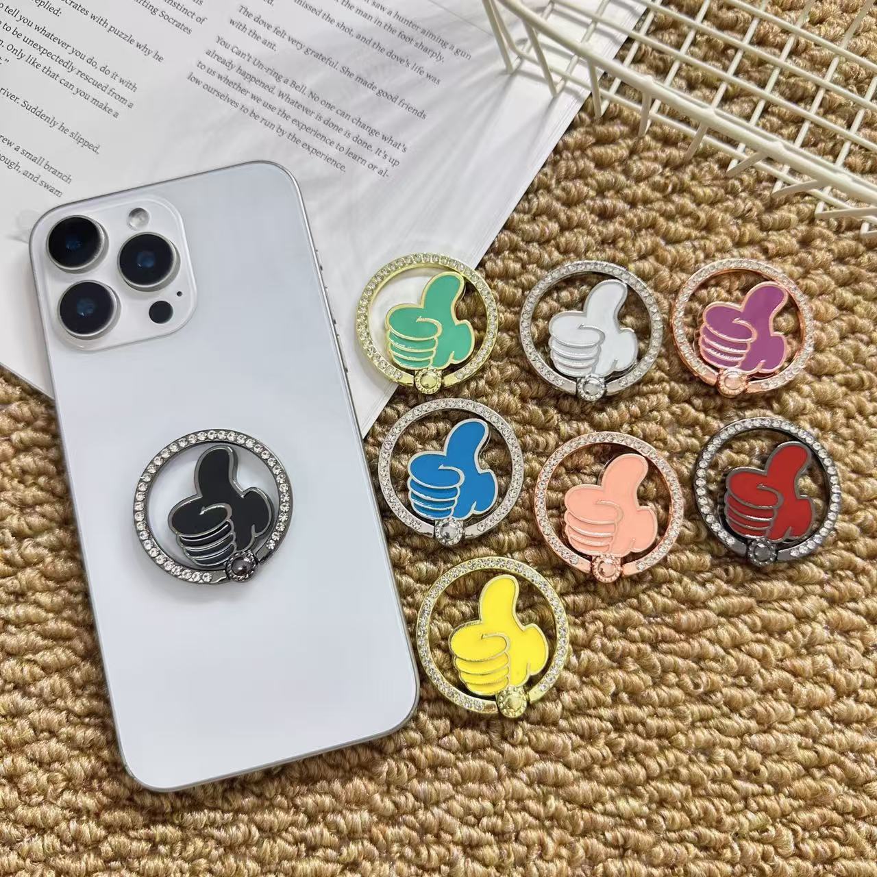 Original Thumb-Up Metal Phone Ring Holder, Rotatable, Adhesive Back, Desktop Lazy Foldable Phone Stand