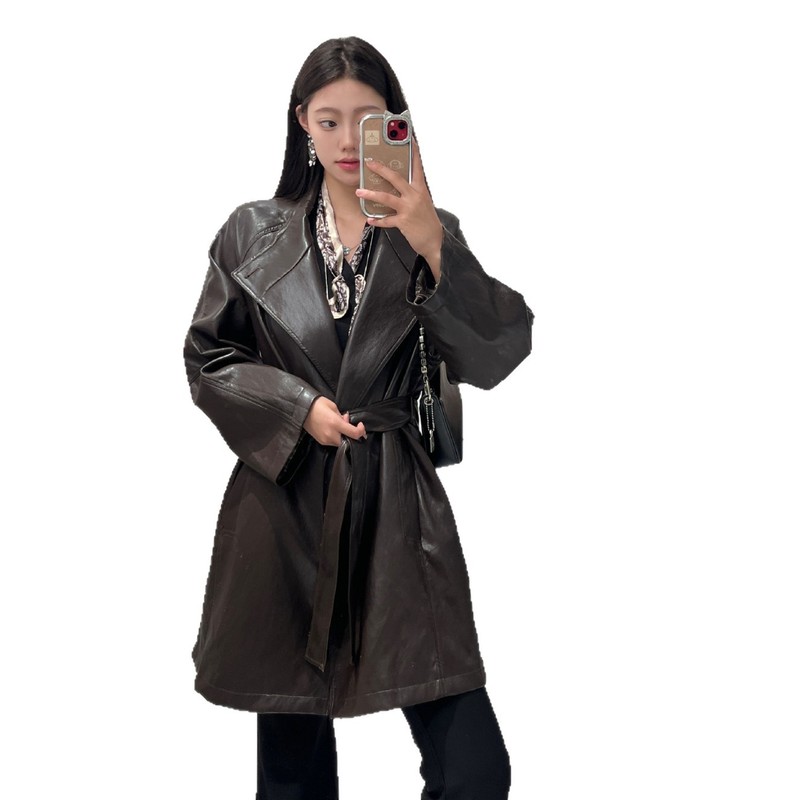 金属丝蛋白皮 极简松弛拼格纹皮风衣外套女|undefined