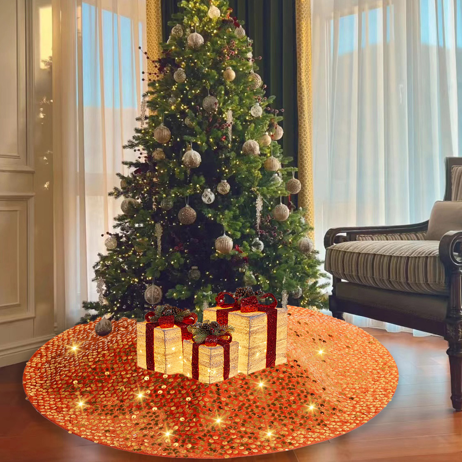 Navidad transfronteriza de alta calidad brillante falda de árbol delantal naranja creativo accesorios de árbol de Navidad decoración navideña