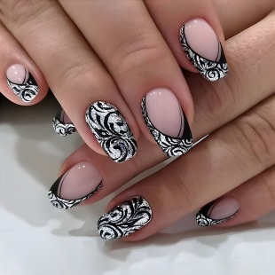 Cross-border Hot Pattern French Trapezoidal Spice Girls Short Fake Nails Finished Products Wholesale Wear Nail Glitter Powder Nail Art