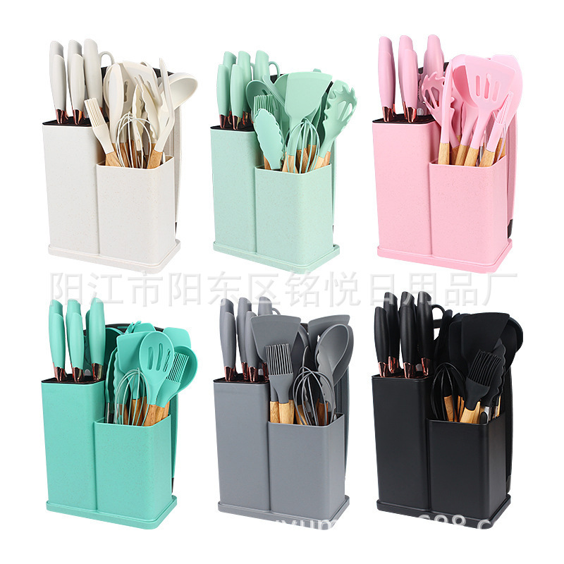 Cuchara de silicona con mango de madera, juego de utensilios de cocina, combinación de cuchillos, cuchara resistente a altas temperaturas, sartén antiadherente, cubo de almacenamiento, juego de 25 piezas para el hogar