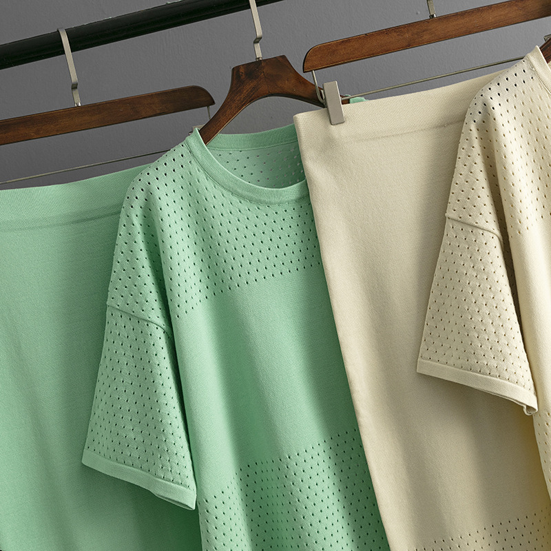 Summer Hollow Out Cutout Short Sleeved Knitted Top Skirt Two Piece Set Women Solid Color Casual