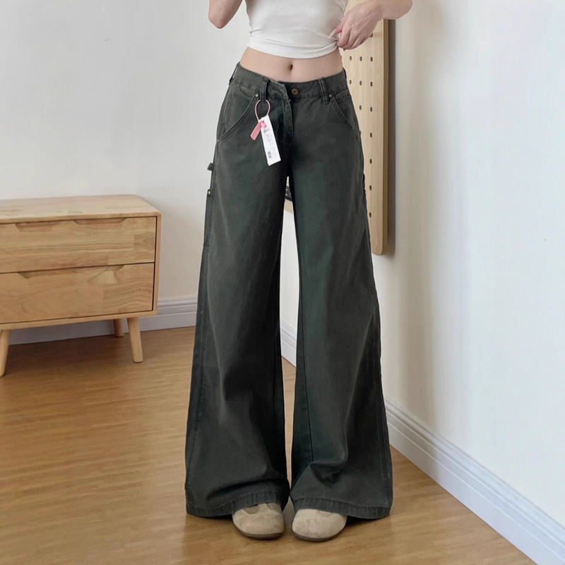 Plus Size Women's Autumn New American Retro Low-Waist Scimitar Logging Pants for Chubby Women, Straight Loose Two-Color Jeans