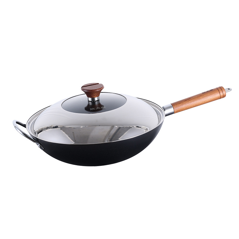 Cocina Rey WOK de hierro no patrimonio hogar wok no recubierto antioxidante Cocina de Inducción estufa de gas olla de hierro binaural