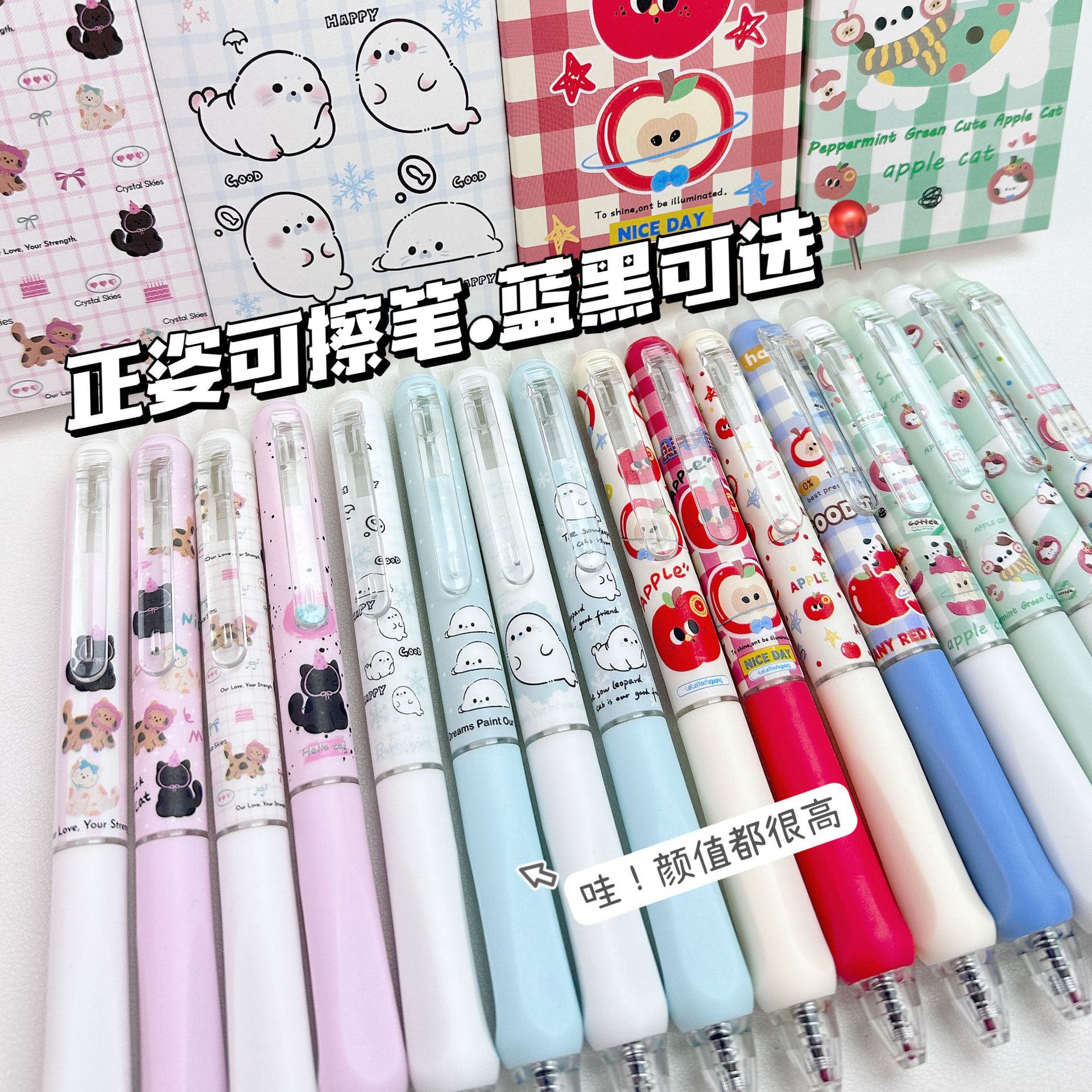 Erasable Pens with High Aesthetic Value, Ins-Style Retractable Gel Pens for Elementary School Students, Crystal Blue and Carbon Black, Easy to Erase