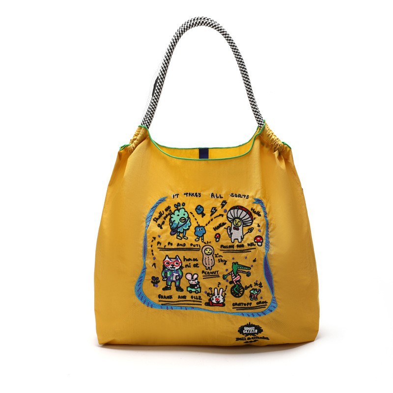 Bolsa de compras ecológica de cadena de bolas casera japonesa, bolsa de lona portátil bordada de tela de nailon, bolsa de compras de nailon