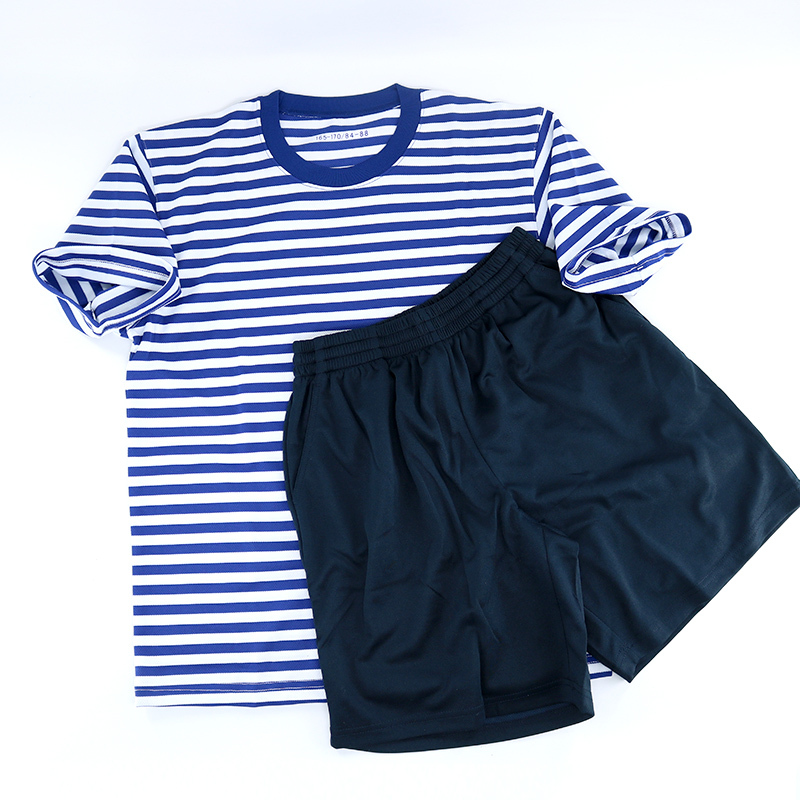 Men's Summer Physical Training Suit Quick-Dry Breathable Military Fan T-Shirt Blue and White Striped Training Short Sleeve