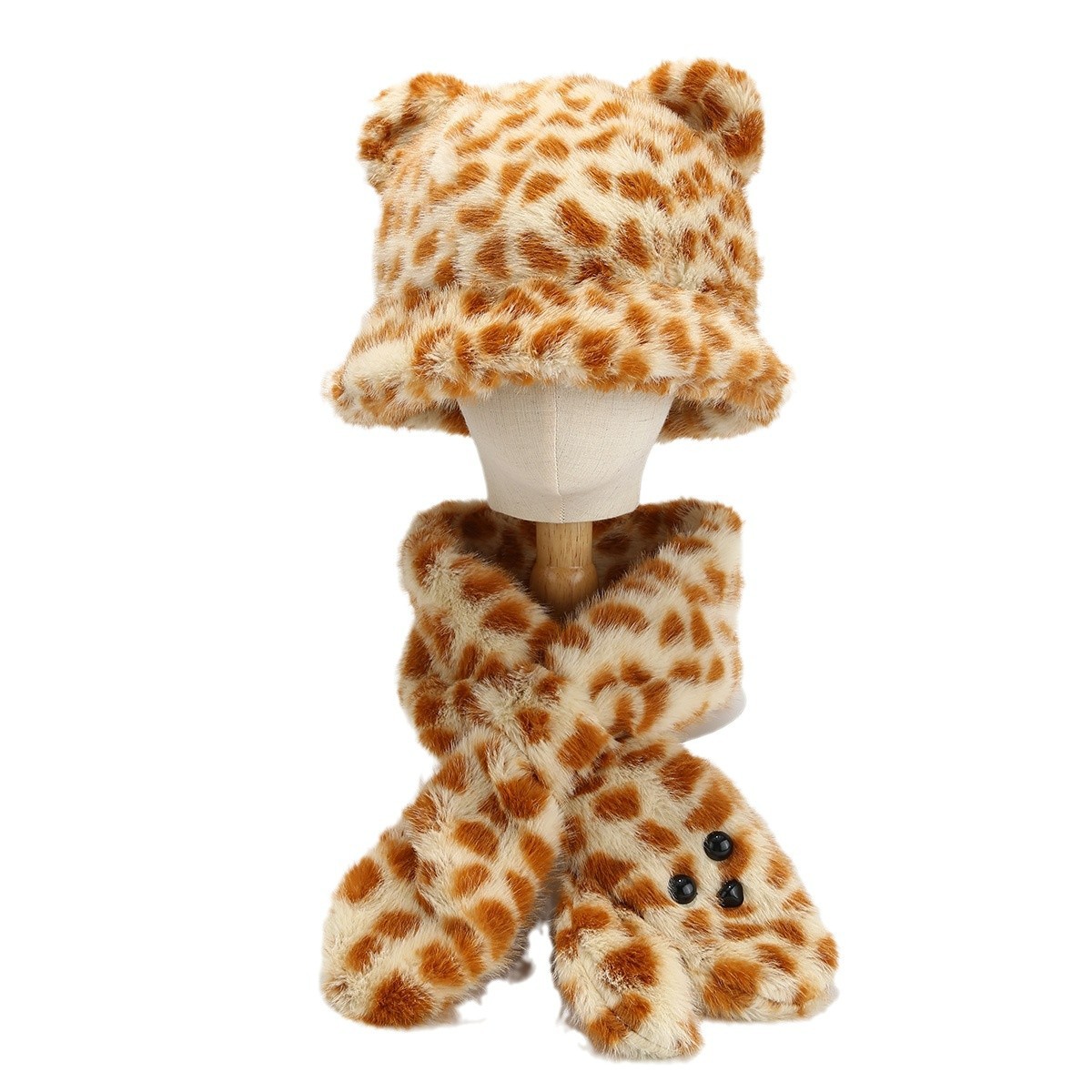 Red en línea lindos tigre de peluche orejas sombrero de pescador mujer invierno protección de cuello caliente bufandas de dibujos animados sombrero de dos piezas conjunto de moda