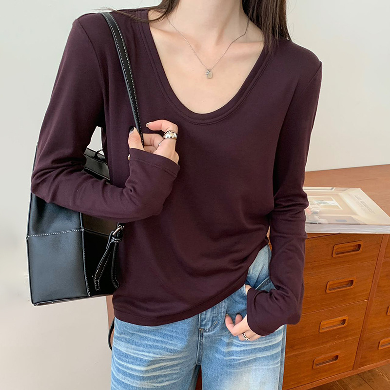Elegant and versatile wool base layer top for women, spring and autumn, U-neck, slimming, soft and comfortable inner layer, solid color long-sleeved top