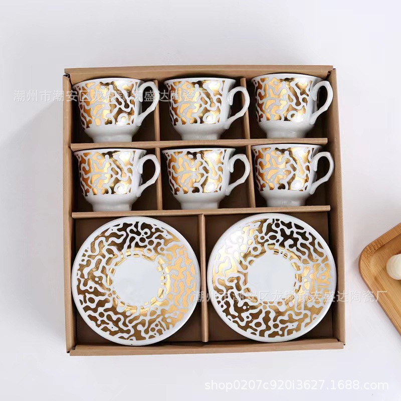 Nuevo conjunto de tazas de café de cerámica europea, tazas de café de estampado transfronterizo, 6 tazas de café de Oriente Medio, 6 platos de café de la tarde