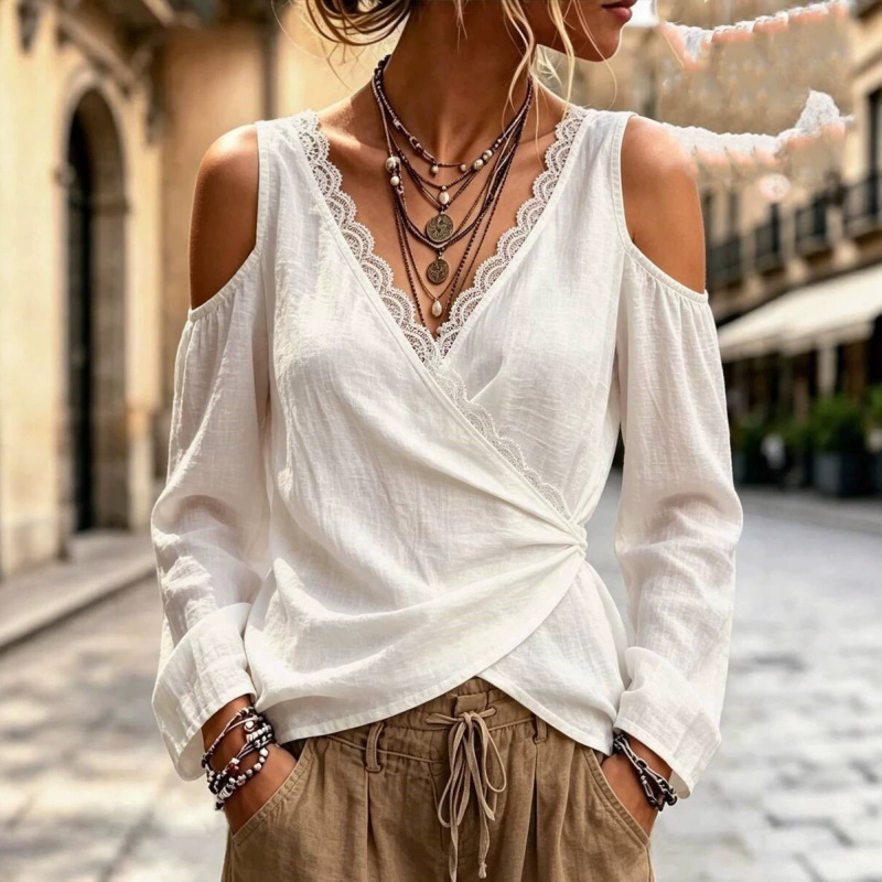 New European and American cross-border women's lace V-neck off-shoulder ruffled long-sleeve shirt, casual and versatile top New European and American cross-border women's lace V-neck off-shoulder ruffled long-sleeve shirt, casual and versatile top