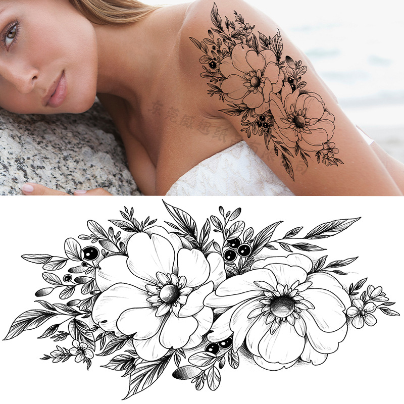 Cross-border dedicado Sketch flor tatuaje pegatinas boceto tatuaje pegatinas Rosa flor blanco y negro tatuaje de la flor
