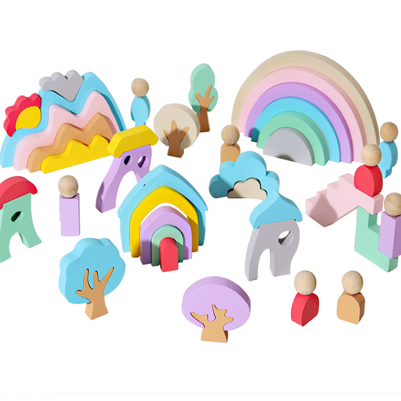 Ciudad de cuento de hadas de madera transfronteriza arco iris de bloques de construcción apilados para niños ensamblaje de rompecabezas Juguetes de inteligencia de educación temprana Mons image 6